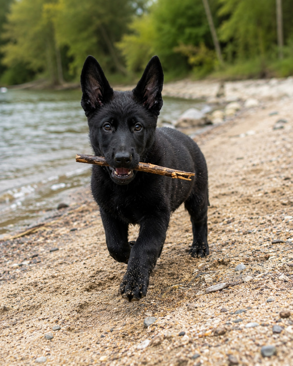 German Shepherd Puppy Luna running by the river